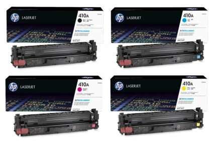 HP 410A (CF410A, CF411A, CF413A, CF412A) Black Cyan Magenta Yellow Genuine OEM Toner Cartridge 4 Pack – 2,300 pages Each